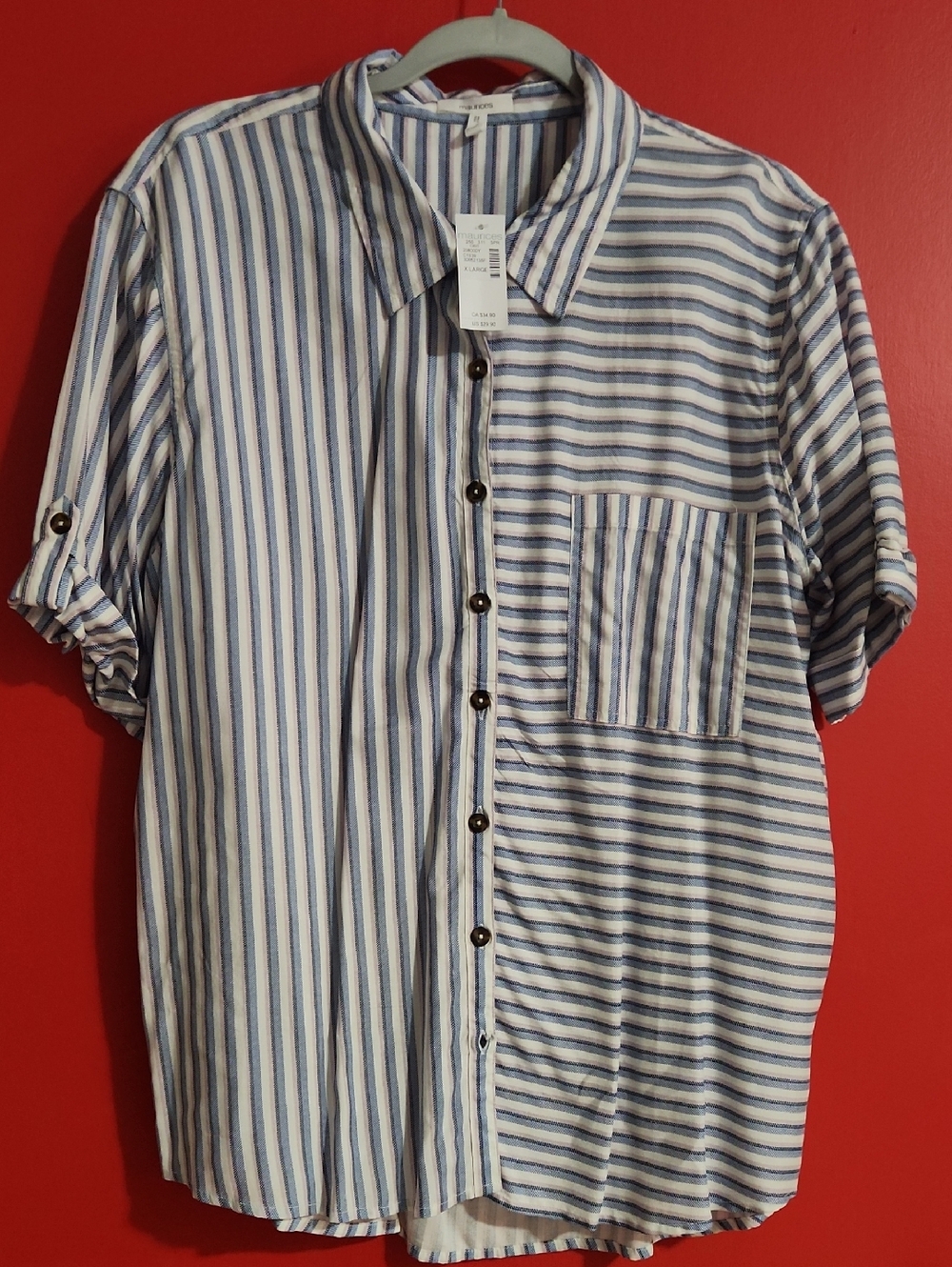 XL NWT Maurices Blue and White Striped Short-Sleeve Button-Down Shirt